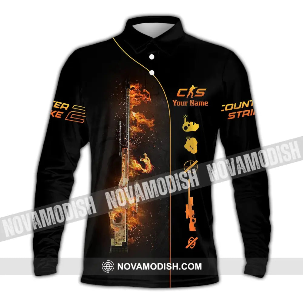 Unisex Shirt - Custom Name Fire Cs Long Sleeve Polo / S T-Shirt