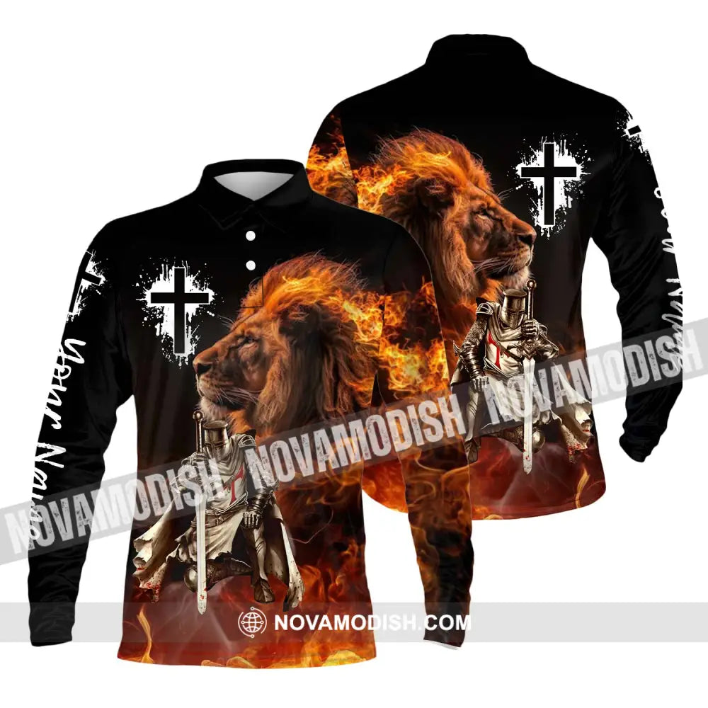 Unisex Shirt - Custom Name Shirt Fire Lion Warrior Long Sleeve Polo / S T-shirt