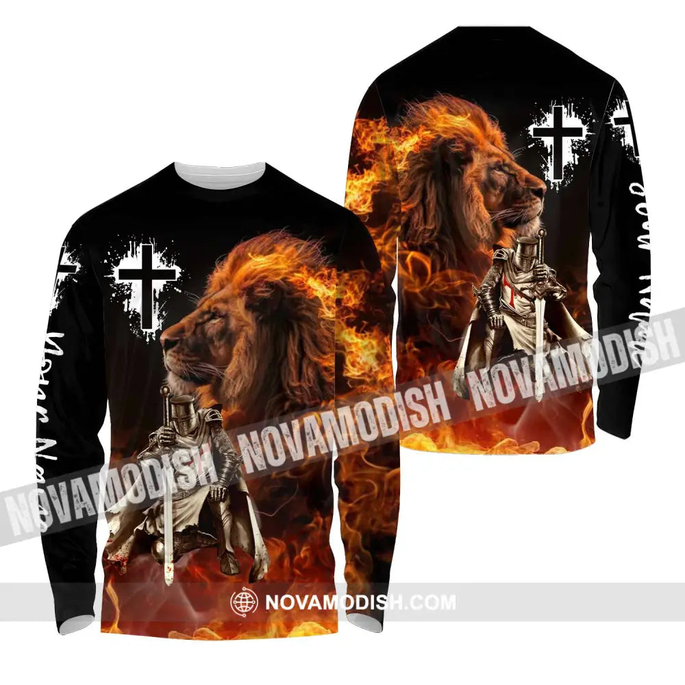 Unisex Shirt - Custom Name Shirt Fire Lion Warrior Long Sleeve Shirt / S T-shirt