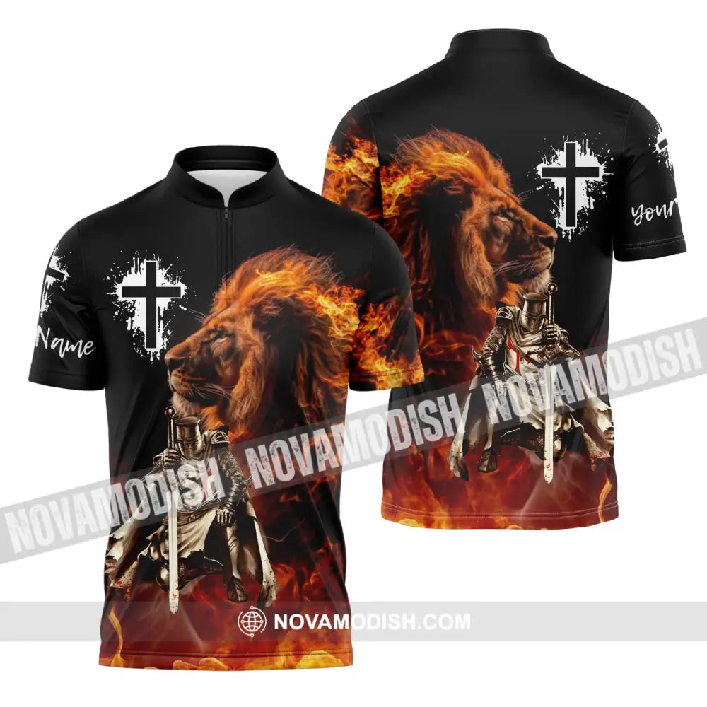 Unisex Shirt - Custom Name Shirt Fire Lion Warrior Zipper Polo Shirt / S T-shirt