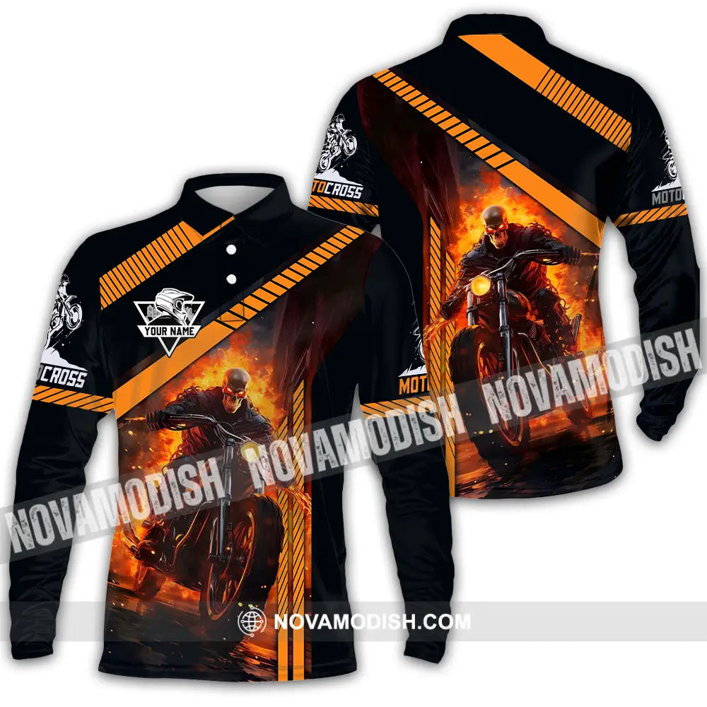 Unisex Shirt - Custom Name Fire Motobike Shirt For Player Long Sleeve Polo / S T-shirt