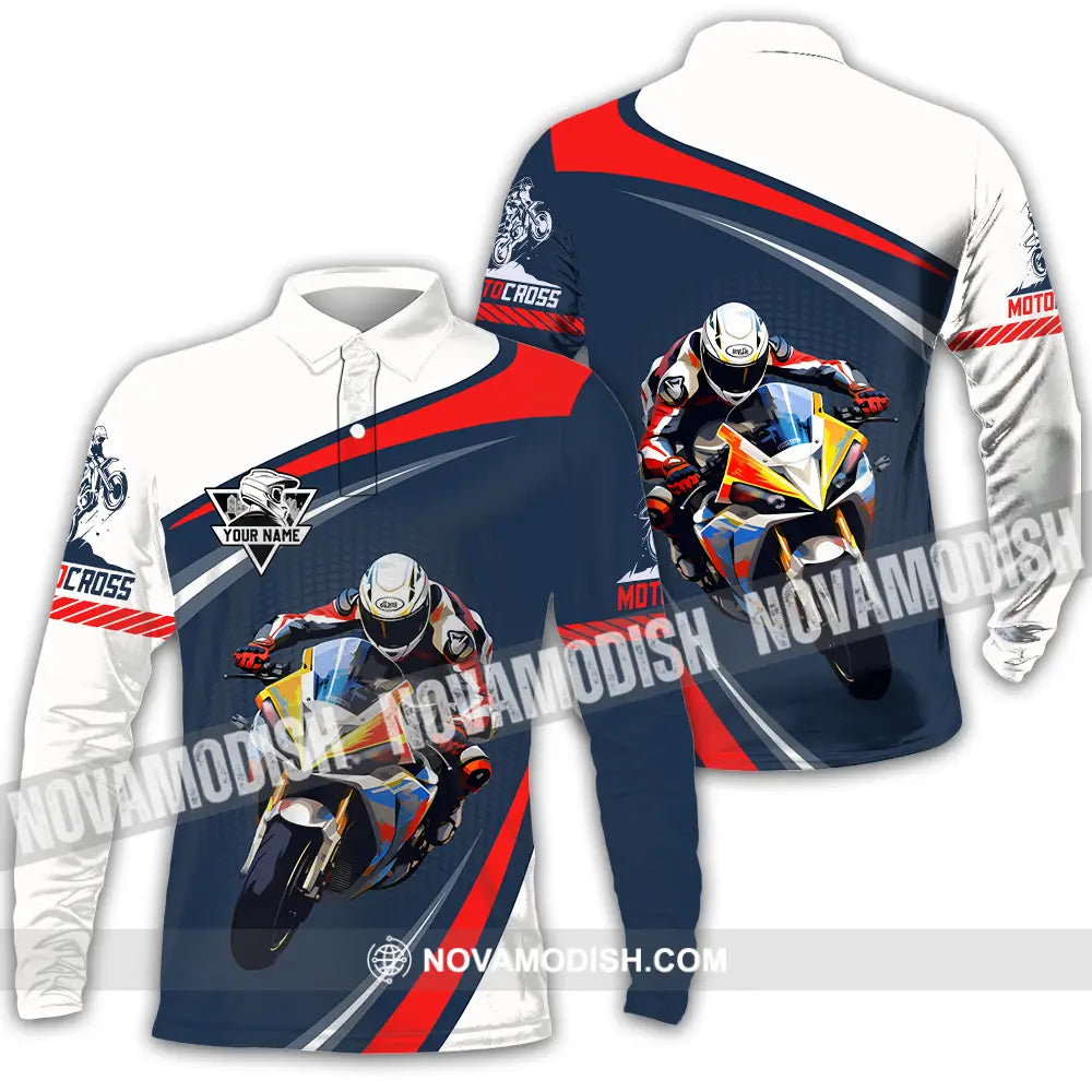 Unisex Shirt - Custom Name Fire Motobike Shirt For Player Motocross Long Sleeve Polo / S T-shirt