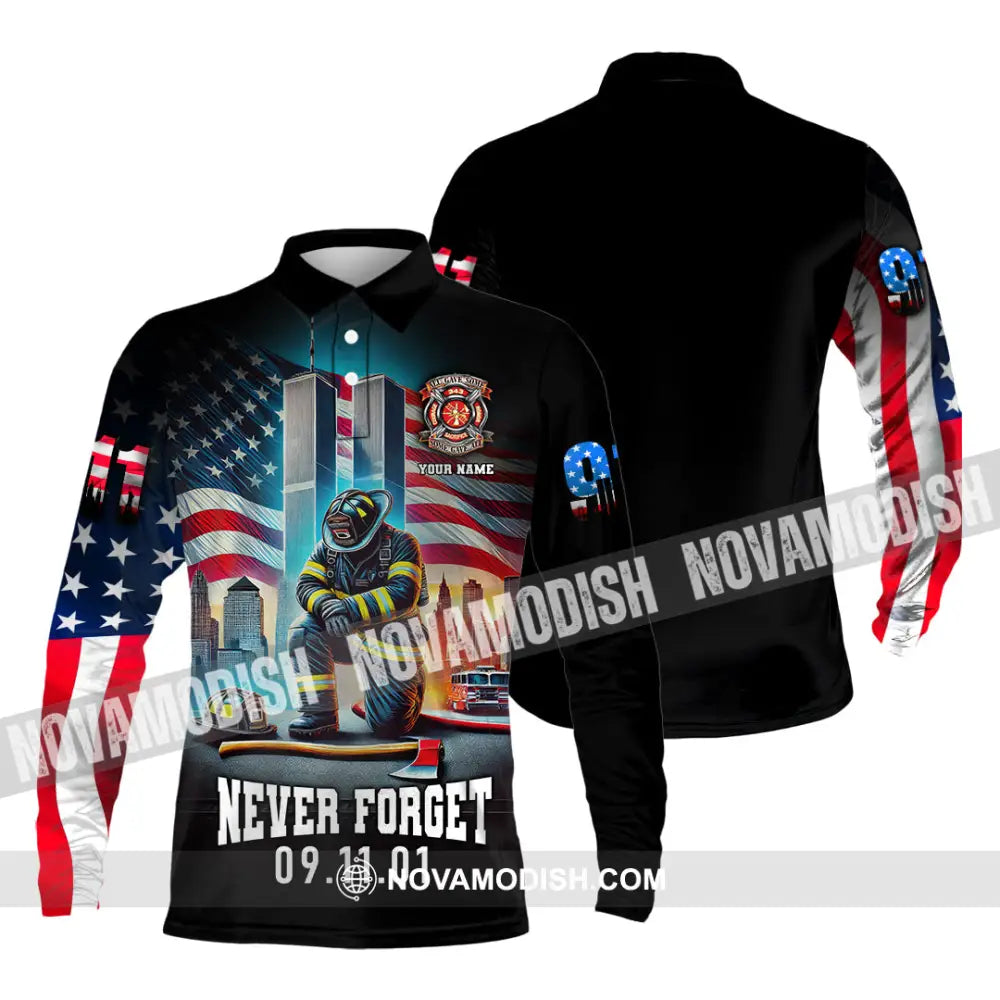 Unisex Shirt Custom Name Firefighter Memorial Fallen Firefighters 911 Long Sleeve Polo / S T-Shirt