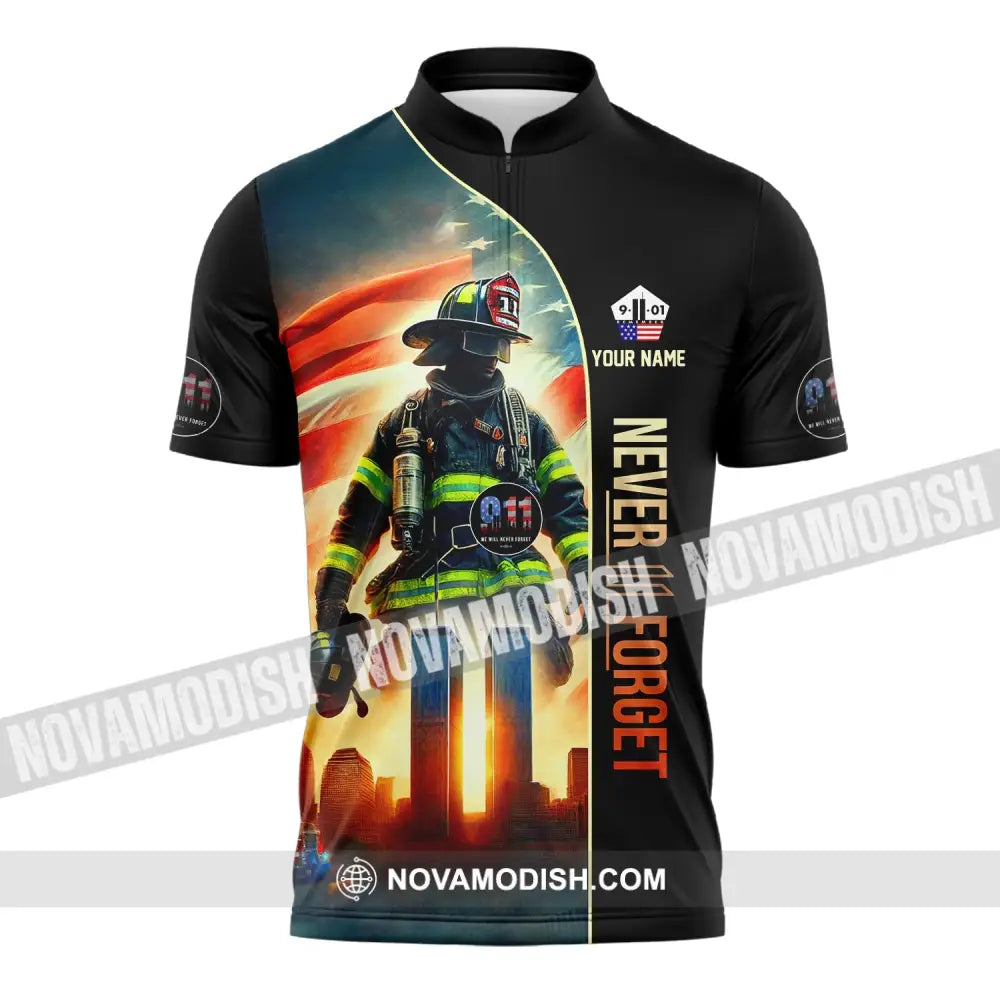 Unisex Shirt Custom Name Firefighter Memorial Fallen Firefighters 911 T-Shirt Zipper Polo / S