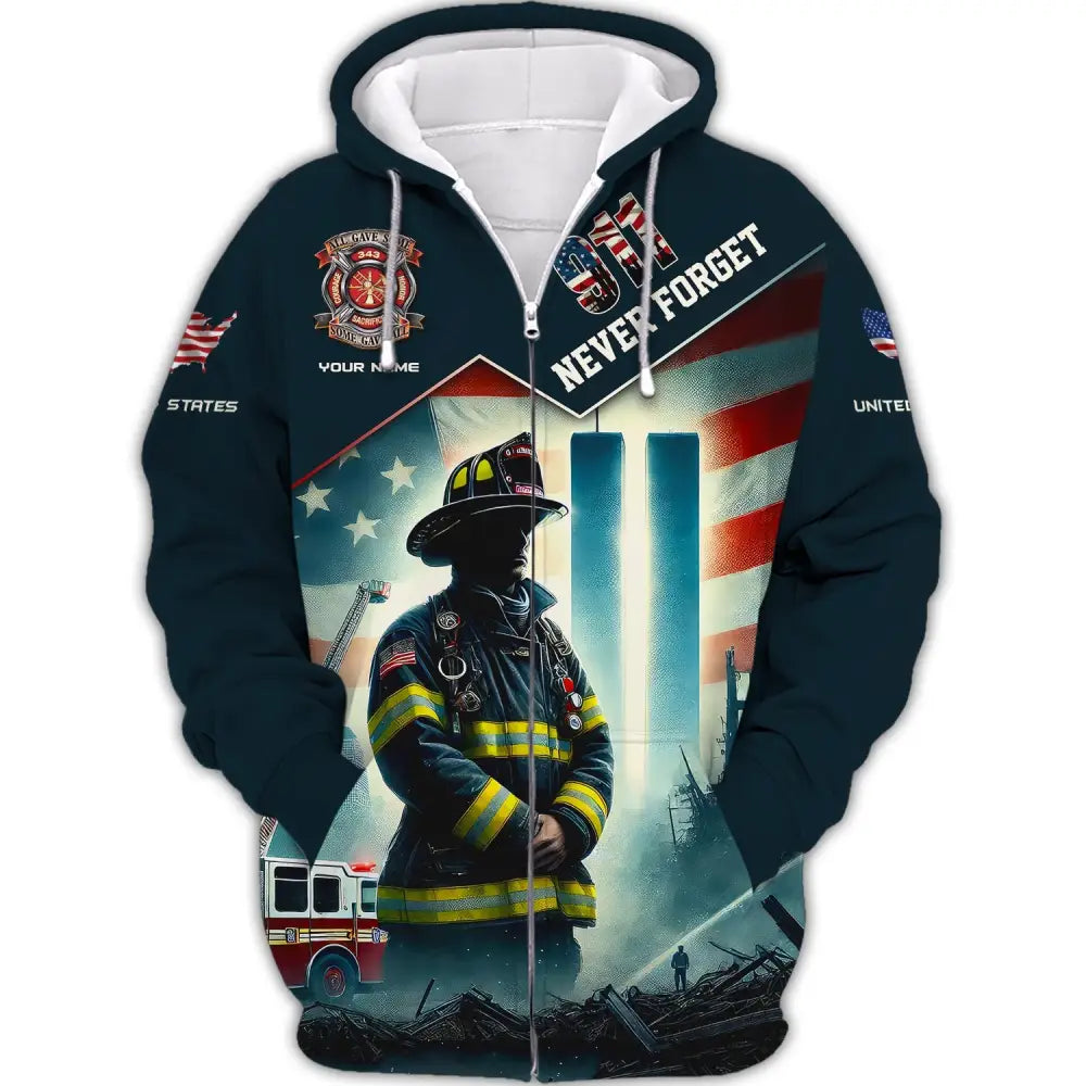 Unisex Shirt Custom Name Firefighter Memorial Fallen Firefighters 911 Zipper Hoodie / S T-Shirt