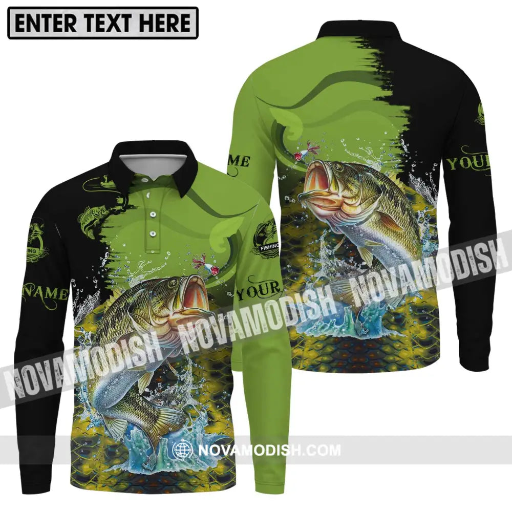 Unisex Shirt - Custom Name Fish On Fish Green And Black Shirt Long Sleeve Polo / S T-shirt