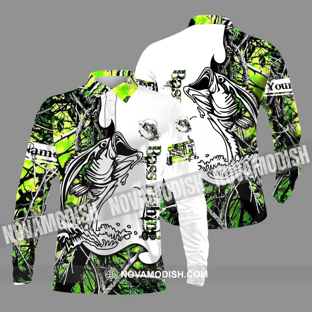 Unisex Shirt - Custom Name Fish On Fish Green And White Shirt Long Sleeve Polo / S T-shirt