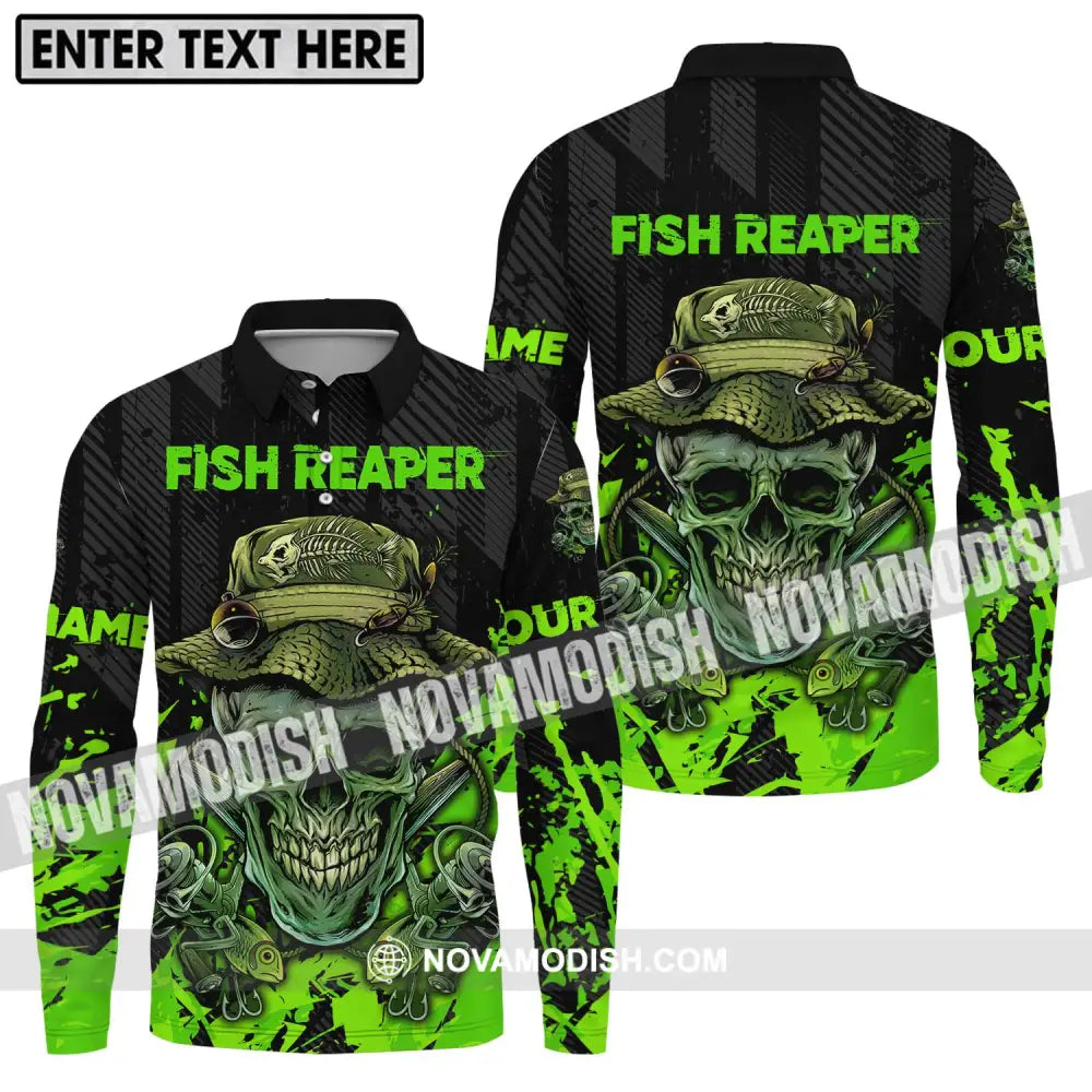 Unisex Shirt - Custom Name Fisher Shirt Fish Reaper Green Skull Long Sleeve Polo / S T-shirt