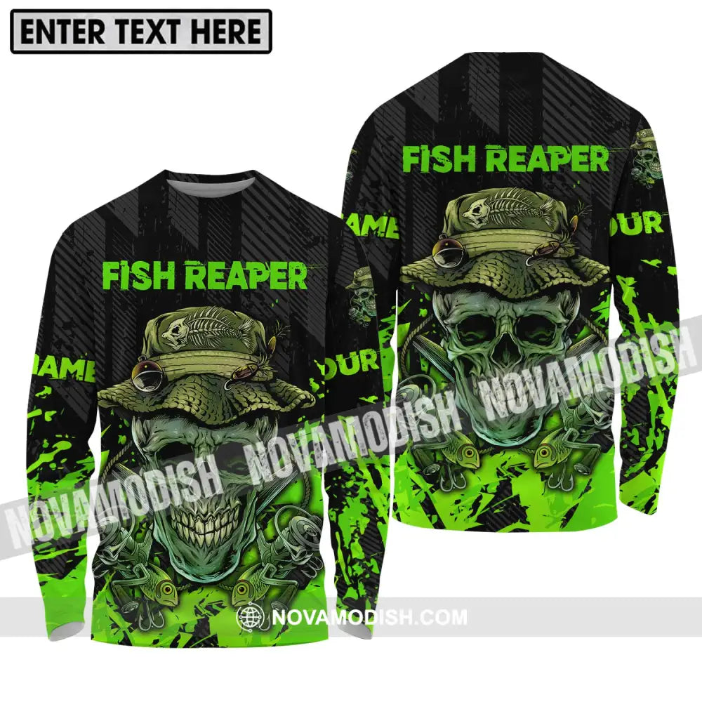 Unisex Shirt - Custom Name Fisher Shirt Fish Reaper Green Skull Long Sleeve Shirt / S T-shirt