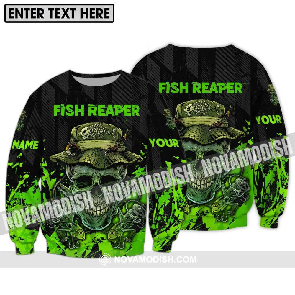Unisex Shirt - Custom Name Fisher Shirt Fish Reaper Green Skull Long Sleeve / S T-shirt