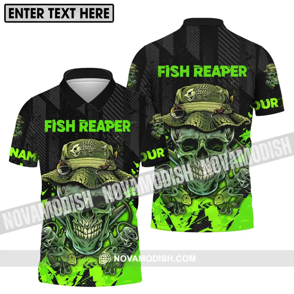Unisex Shirt - Custom Name Fisher Shirt Fish Reaper Green Skull Polo Shirt / S T-shirt