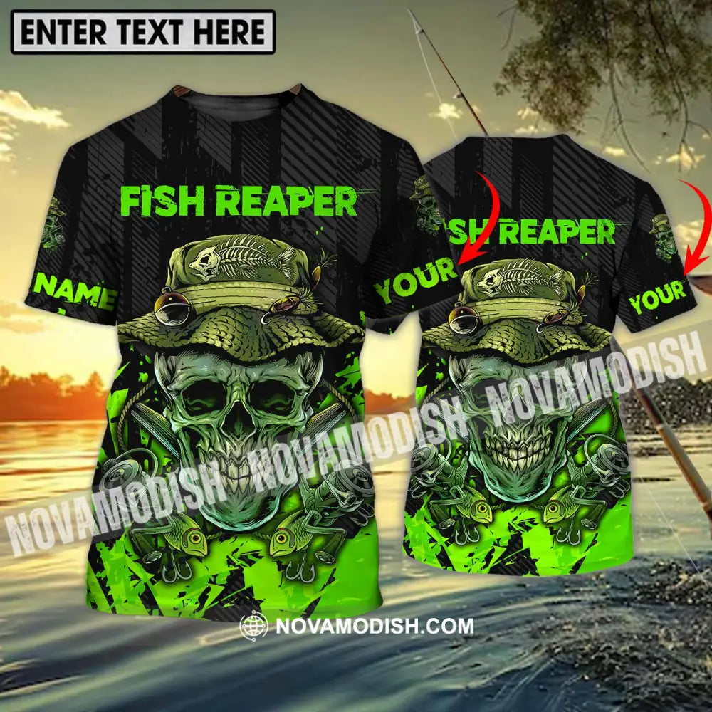 Unisex Shirt - Custom Name Fisher Shirt Fish Reaper Green Skull T-shirt