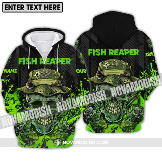 Unisex Shirt - Custom Name Fisher Shirt Fish Reaper Green Skull Zipper Hoodie / S T-shirt
