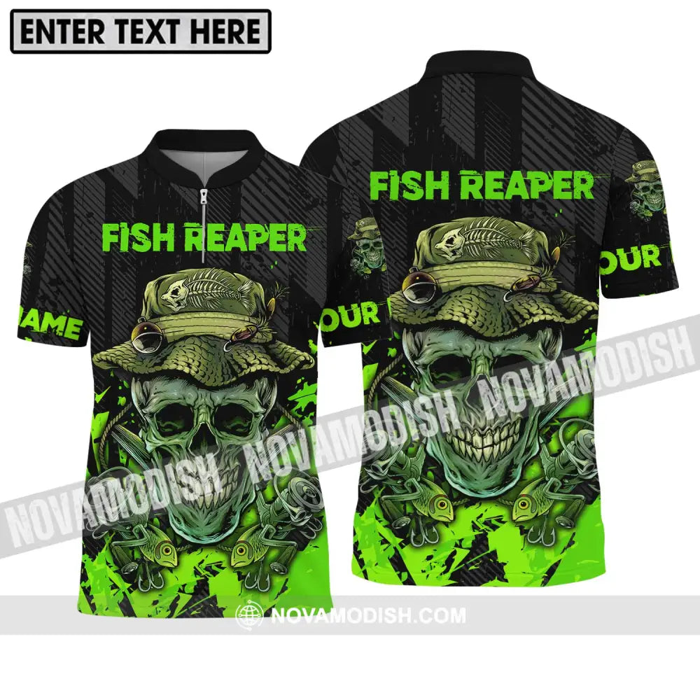 Unisex Shirt - Custom Name Fisher Shirt Fish Reaper Green Skull Zipper Polo Shirt / S T-shirt