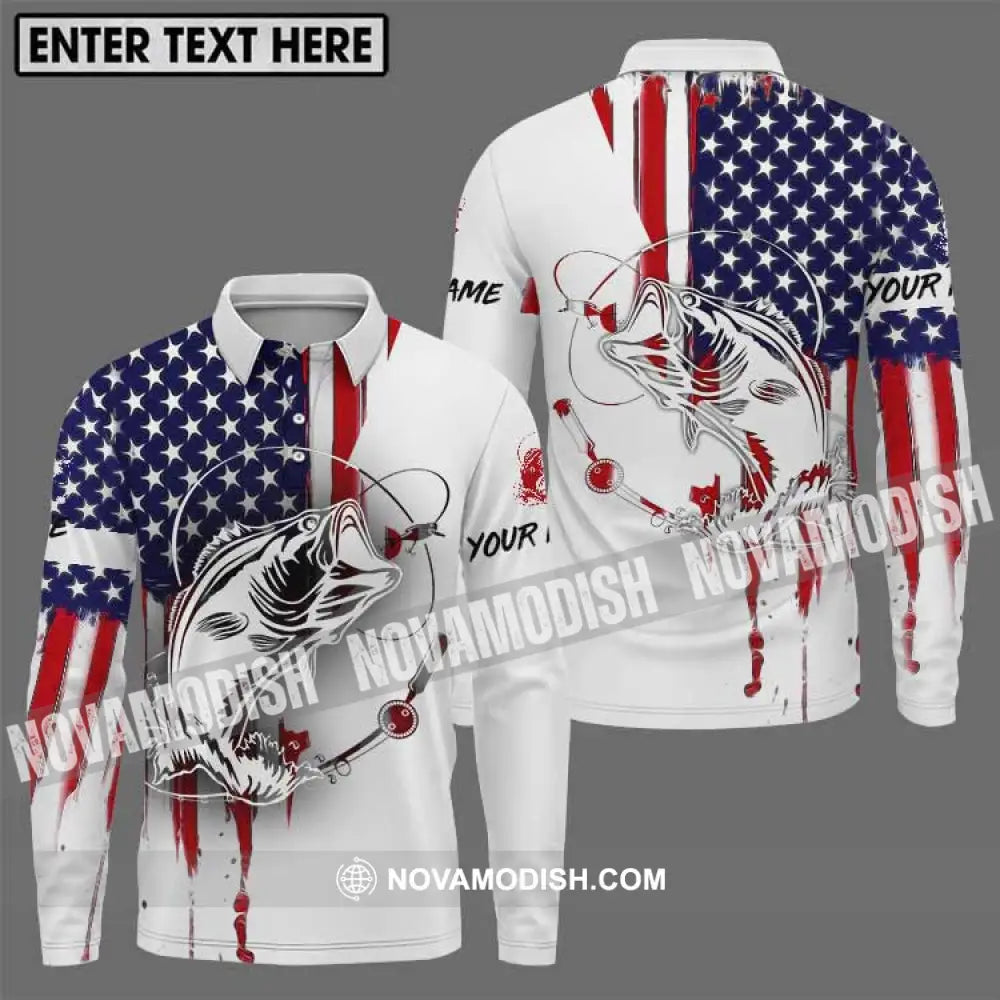 Unisex Shirt - Custom Name Fisher Shirt USA Flag Color Long Sleeve Polo / S T-shirt