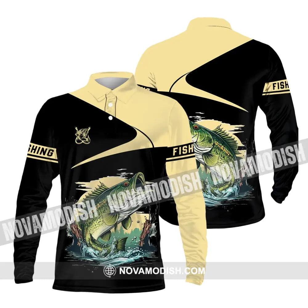 Unisex Shirt - Custom Name Fishing Black Gold Shirt Long Sleeve Polo / S T-shirt