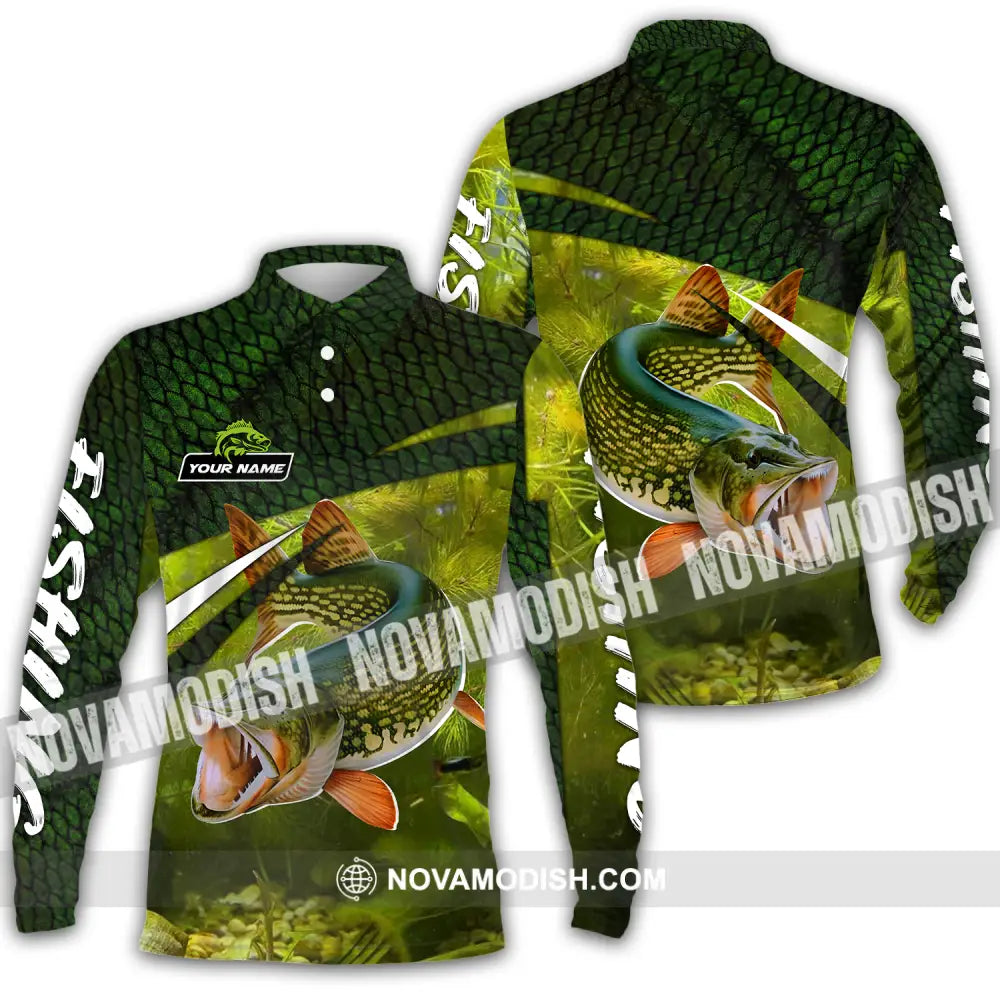 Unisex Shirt - Custom Name Fishing Green Shirt Long Sleeve Polo / S T-shirt
