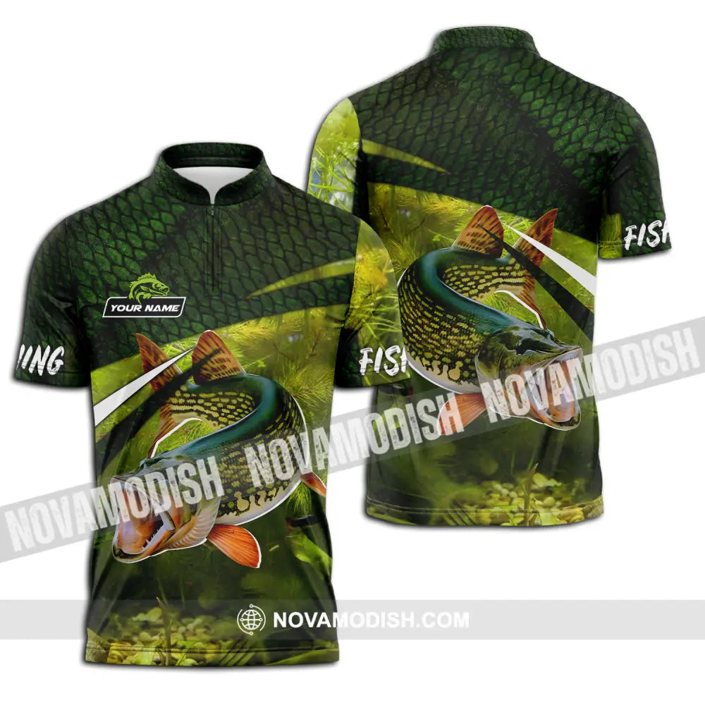Unisex Shirt - Custom Name Fishing Green Shirt Zipper Polo Shirt / S T-shirt