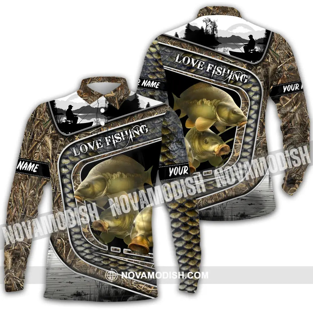 Unisex Shirt Custom Name Fishing Shirt Love Fishing Polo Shirt Long Sleeve Polo / S T-shirt