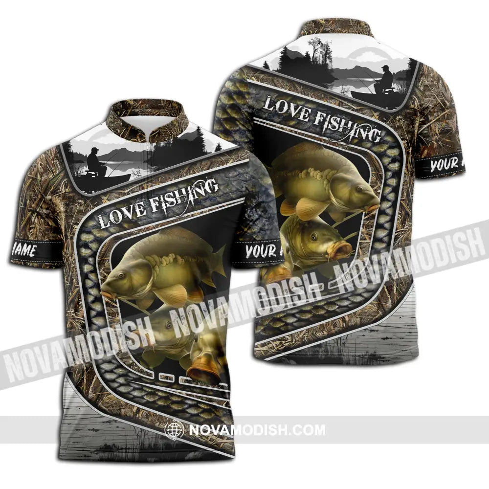 Unisex Shirt Custom Name Fishing Shirt Love Fishing Polo Shirt Zipper Polo Shirt / S T-shirt