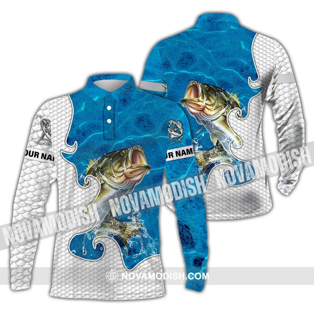 Unisex Shirt - Custom Name Fishing Lover Shirt Blue Water Long Sleeve Polo / S T-shirt