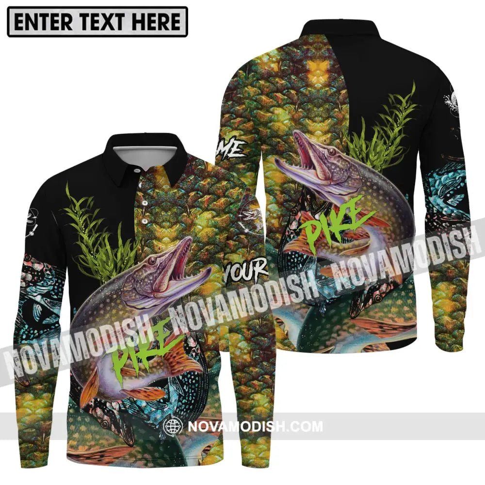 Unisex Shirt - Custom Name Fishing Lover Shirt Pike Long Sleeve Polo / S T-shirt