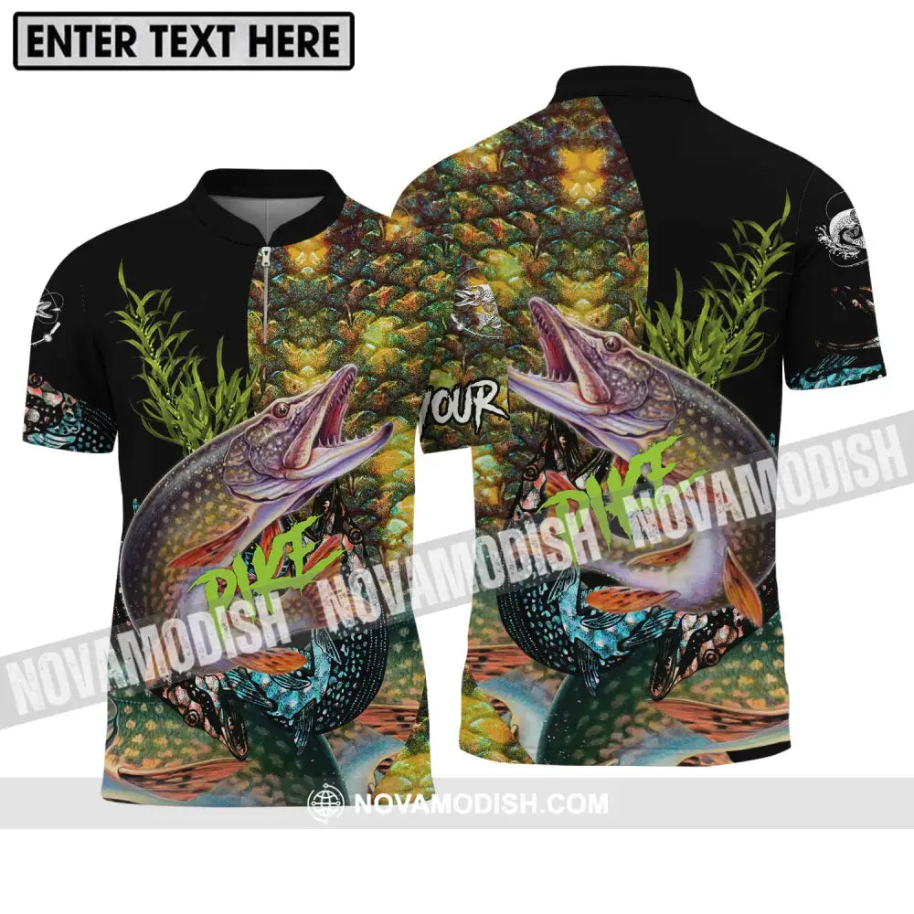 Unisex Shirt - Custom Name Fishing Lover Shirt Pike Zipper Polo Shirt / S T-shirt