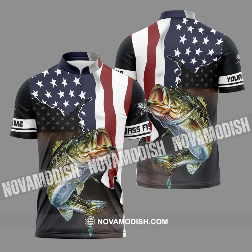 Unisex Shirt - Custom Name Fishing Lover Shirt US Flag Zipper Polo Shirt / S T-shirt