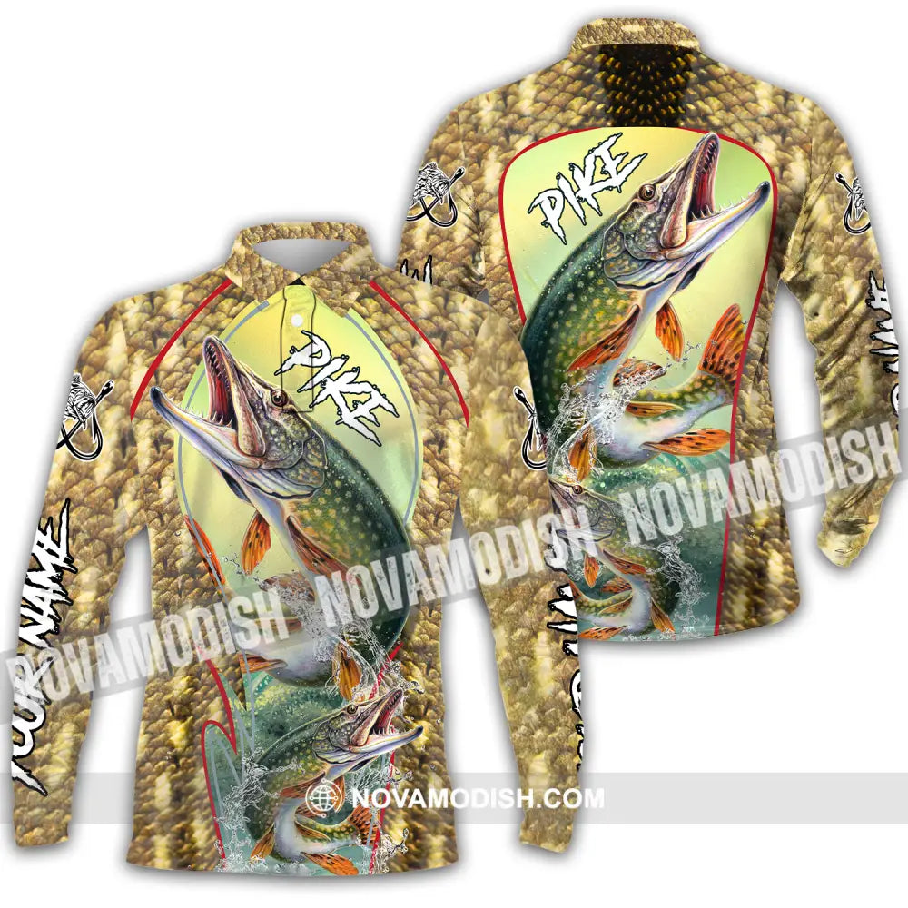 Unisex Shirt - Custom Name Fishing Shirt Pike Fish Long Sleeve Polo / S T-shirt