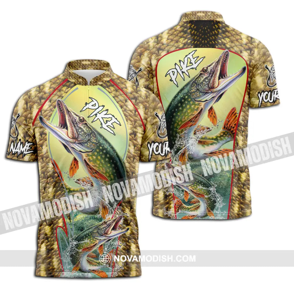 Unisex Shirt - Custom Name Fishing Shirt Pike Fish Zipper Polo Shirt / S T-shirt