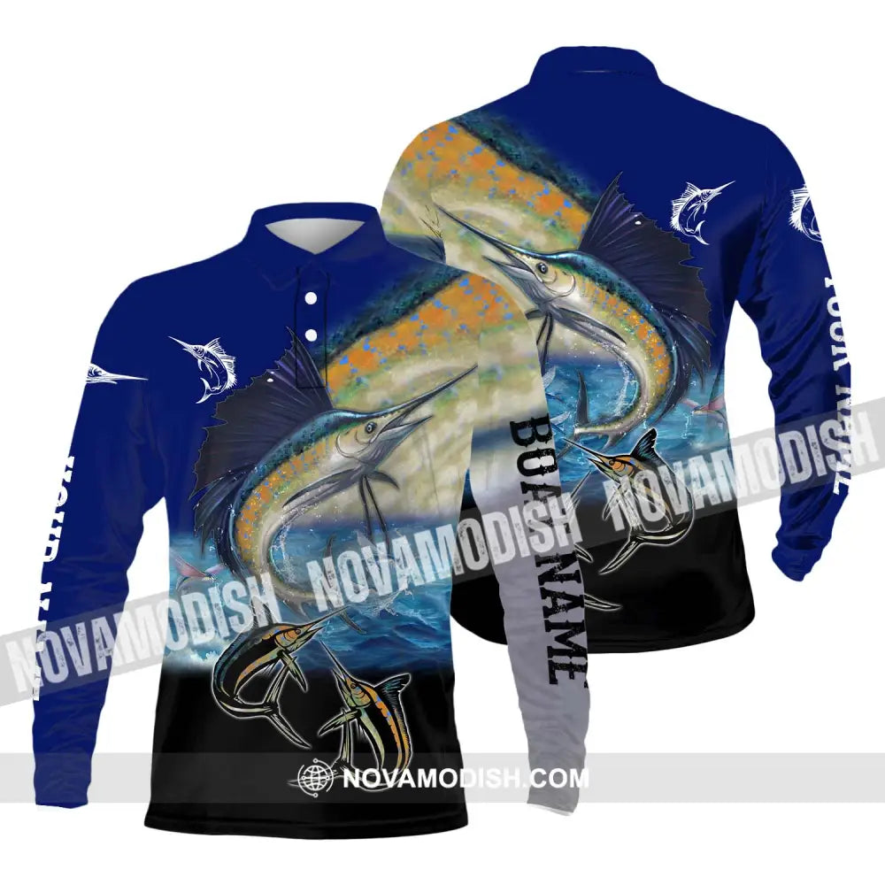 Unisex Shirt - Custom Name Fishing Shirt Swordfish Long Sleeve Polo / S T-shirt