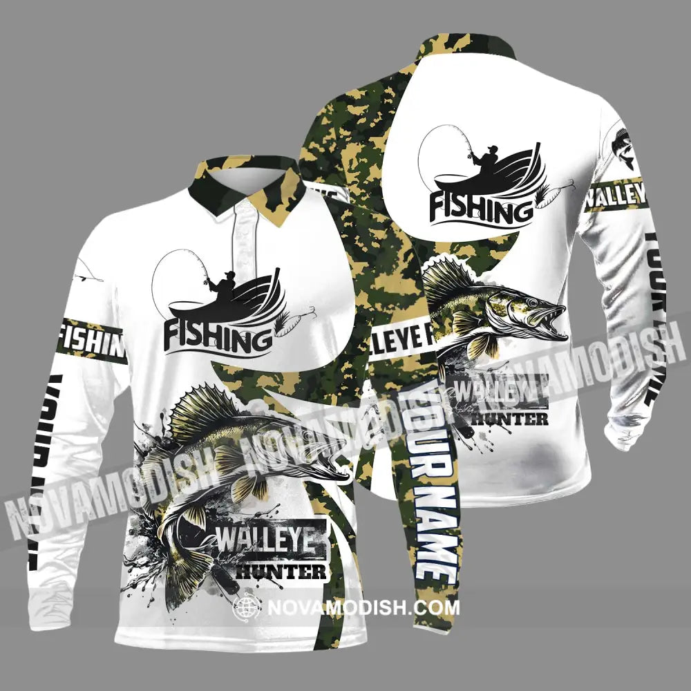 Unisex Shirt - Custom Name Fishing Shirt Walleye Fish Hunter Long Sleeve Polo / S T-shirt