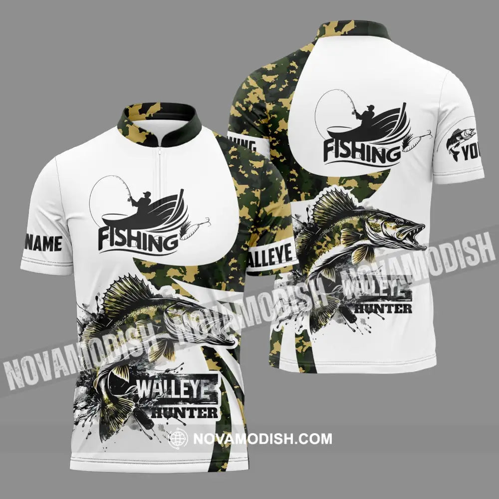 Unisex Shirt - Custom Name Fishing Shirt Walleye Fish Hunter Zipper Polo Shirt / S T-shirt