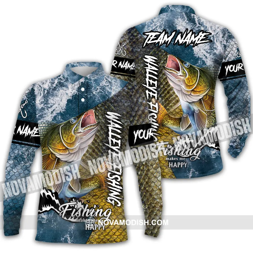 Unisex Shirt - Custom Name Fishing Shirt Walleye Fish Long Sleeve Polo / S T-shirt