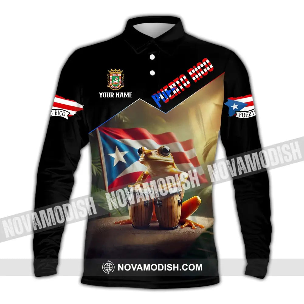 Unisex Shirt - Custom Name Flag Peurto Rico Long Sleeve Polo / S T-Shirt