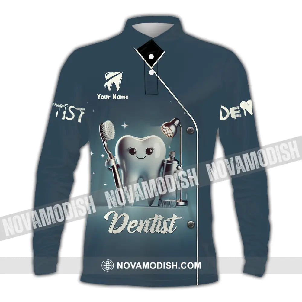 Unisex Shirt - Custom Name For Dentist Tooth Long Sleeve Polo / S T-Shirt