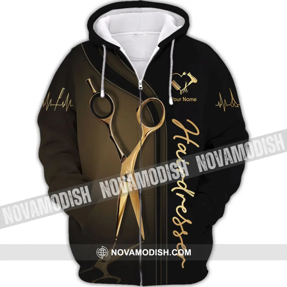 Unisex Shirt - Custom Name Shirt - Gift For Hairdresser Lover Custom Name Hairdresser Gold Scissor Zipper Hoodie / S