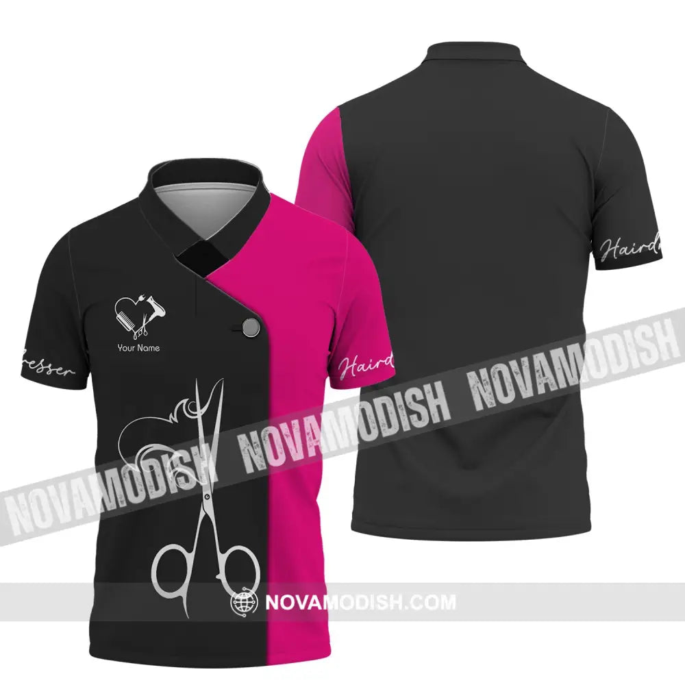 Unisex Shirt - Custom Name Shirt - Gift For Hairdresser Lover Custom Name Hairdresser Heart Black And Pink Shirt Polo