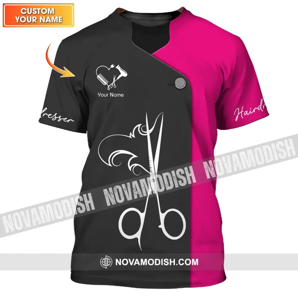 Unisex Shirt - Custom Name Shirt - Gift For Hairdresser Lover Custom Name Hairdresser Heart Black And Pink Shirt T-shirt