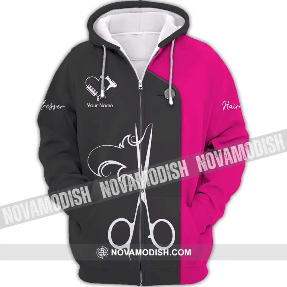 Unisex Shirt - Custom Name Shirt - Gift For Hairdresser Lover Custom Name Hairdresser Heart Black And Pink Shirt Zipper
