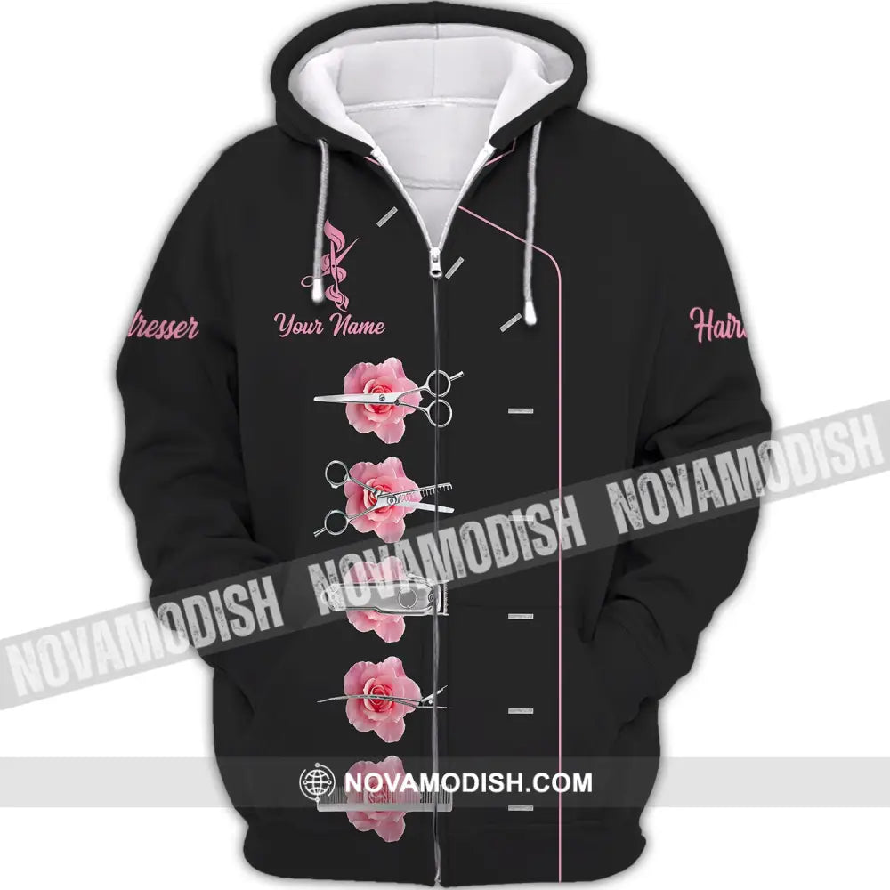 Unisex Shirt - Custom Name Shirt - Gift For Hairdresser Lover Custom Name Hairdresser Pink Rose Shirt Zipper Hoodie / S
