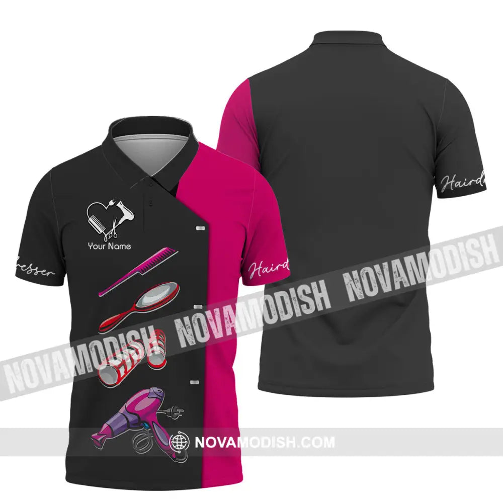 Unisex Shirt - Custom Name Shirt - Gift For Hairdresser Lover Custom Name Hairdresser Tools Heart Black And Pink Shirt
