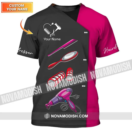 Unisex Shirt - Custom Name Shirt - Gift For Hairdresser Lover Custom Name Hairdresser Tools Heart Black And Pink Shirt