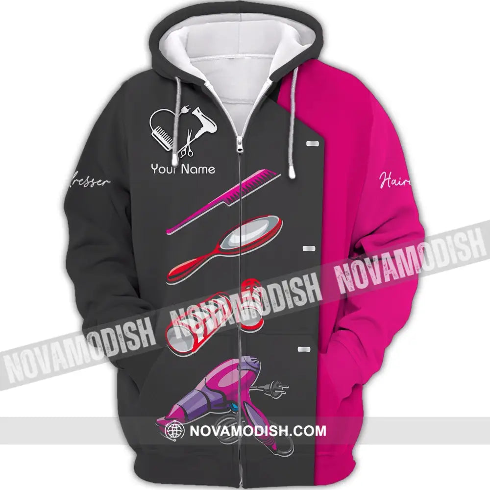 Unisex Shirt - Custom Name Shirt - Gift For Hairdresser Lover Custom Name Hairdresser Tools Heart Black And Pink Shirt