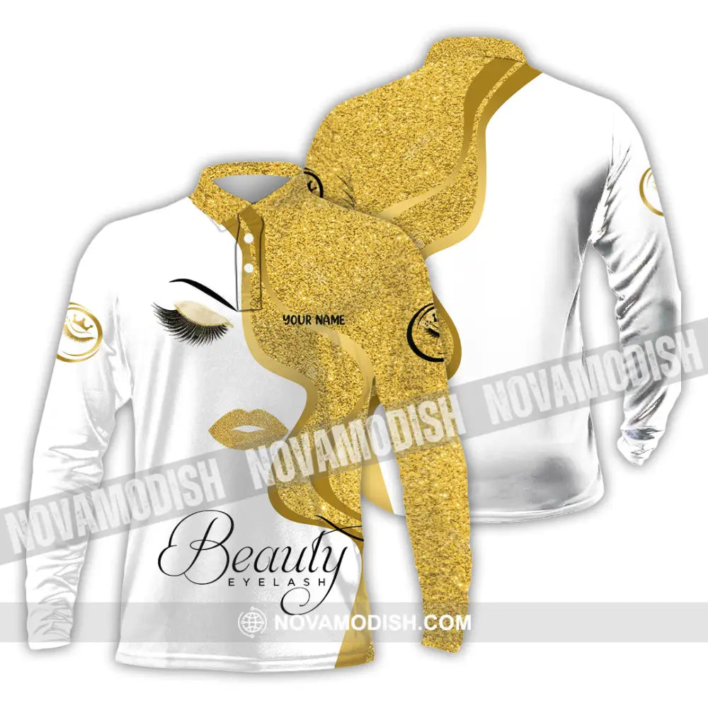 Unisex Shirt - Custom Name Shirt Gold Blink Beautiful Eyelash Long Sleeve Polo / S T-shirt