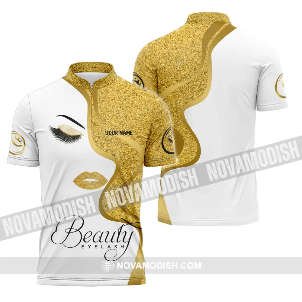 Unisex Shirt - Custom Name Shirt Gold Blink Beautiful Eyelash Zipper Polo Shirt / S T-shirt