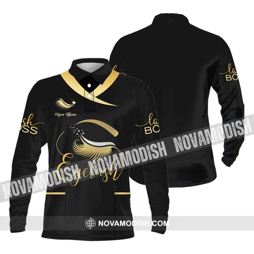 Unisex Shirt - Custom Name Golden Eyelash Shirt Long Sleeve Polo / S T-shirt