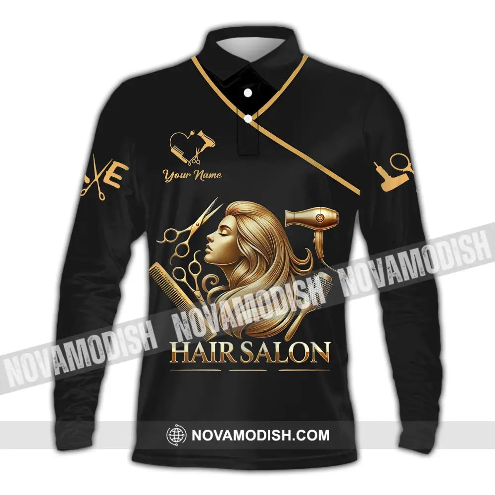 Unisex Shirt - Custom Name Golden Hair Salon Long Sleeve Polo / S T-Shirt