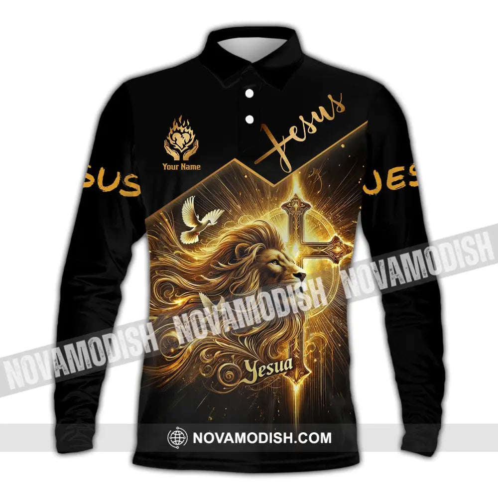 Unisex Shirt - Custom Name Golden Jesus Long Sleeve Polo / S T-Shirt