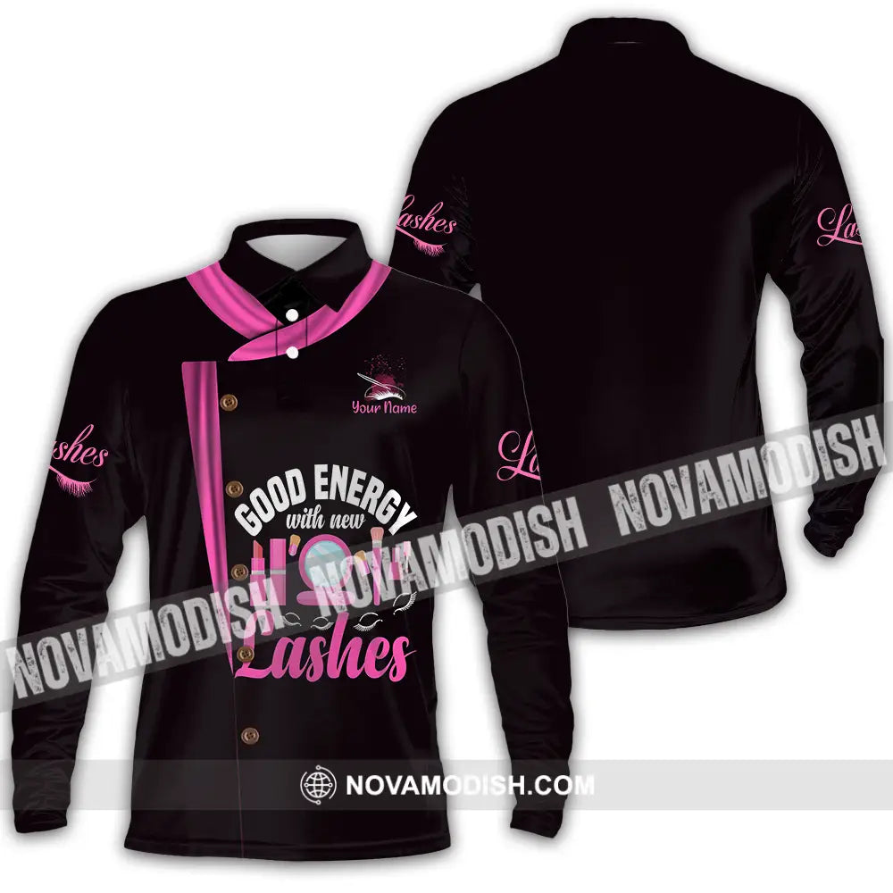 Unisex Shirt - Custom Name Shirt Good Energy Lashes Long Sleeve Polo / S T-shirt